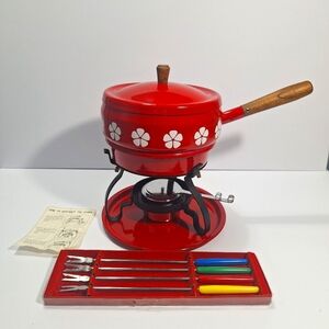 Vintage MCM Imperial Red & White Flower Power Enamel Fondue Set Complete Set